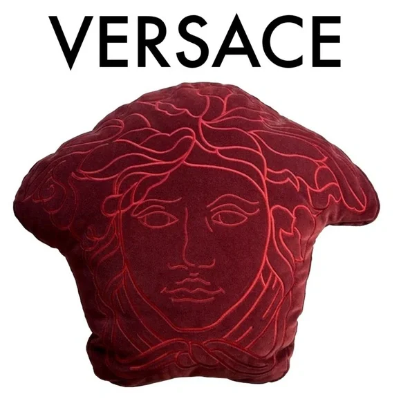 VERSACE RARE LARGE MEDUSA HEAD RED VELVET ACCENT THROW PILLOW EMBROIDERED HEAD - Picture 1 of 9